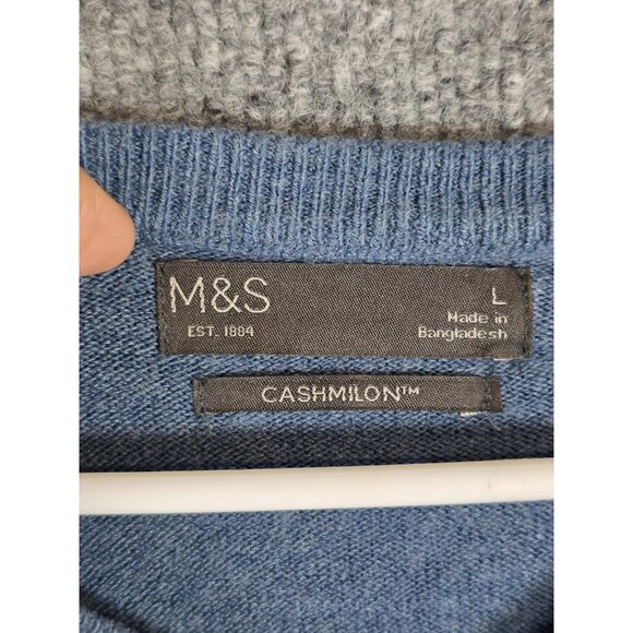 M&S Sweater Mens Large Blue Cashmilon V Neck Pullover Long Sleeve Stains Pilling - Picture 3 of 8